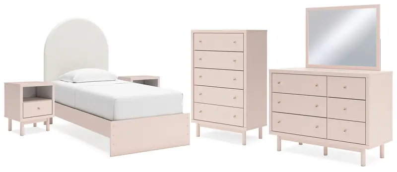 Wistenpine Blush Twin Upholstered Panel Bed Set With Mirrored Dresser, Chest & Nightstands 1
