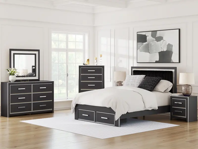 Zuraleus Black Upholstered Storage Panel Bedroom Set – 2 Footboard Drawers Included 1