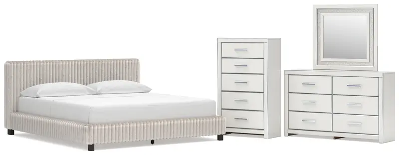 Zuraleus White California King Upholstered Bed Package With Mirrored Dresser And Chest 1
