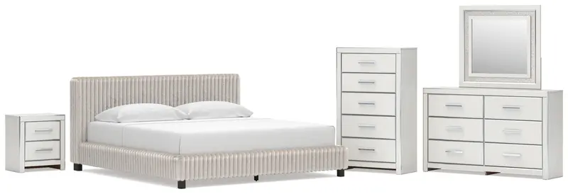 Zuraleus White King Upholstered Bed Collection: Mirrored Dresser, Chest, And Nightstand 1