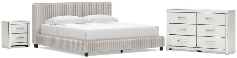 Zuraleus White King Upholstered Bed Ensemble With Dresser And Nightstand 1