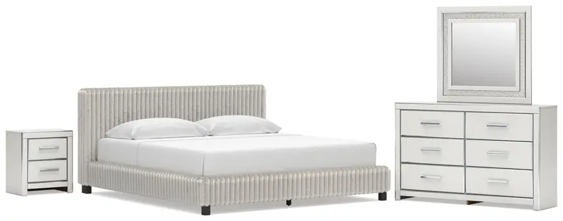 Zuraleus White King Upholstered Bed Ensemble With Mirrored Dresser And Nightstand 1