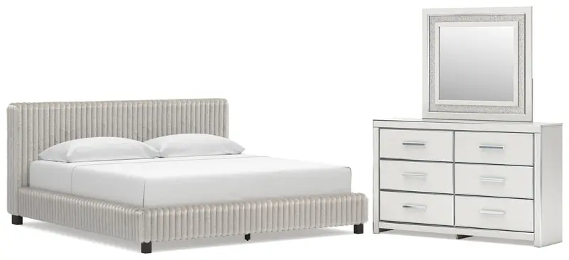 Zuraleus White King Upholstered Bed Featuring Mirrored Dresser 1