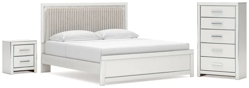 Zuraleus White King Upholstered Panel Bed Featuring Chest And Nightstand 1