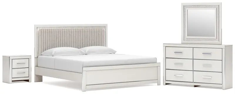 Zuraleus White King Upholstered Panel Bed With Mirrored Dresser & Nightstand 1