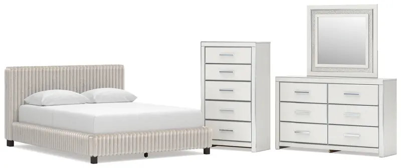 Zuraleus White Queen Upholstered Bed With Mirrored Dresser And Chest 1