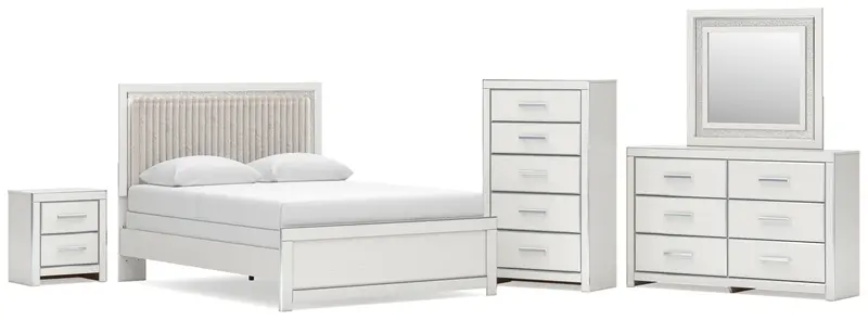 Zuraleus White Queen Upholstered Panel Bed Collection: Mirrored Dresser, Chest & Nightstand 1
