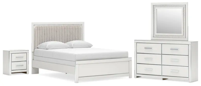Zuraleus White Queen Upholstered Panel Bed Ensemble With Mirrored Dresser And Nightstand 1