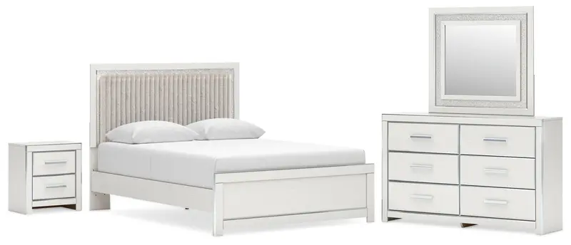 Zuraleus White Queen Upholstered Panel Bed Set With Mirrored Dresser & Nightstand 1