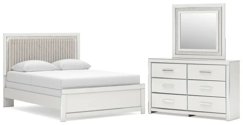 Zuraleus White Queen Upholstered Panel Bed With Mirrored Dresser 1