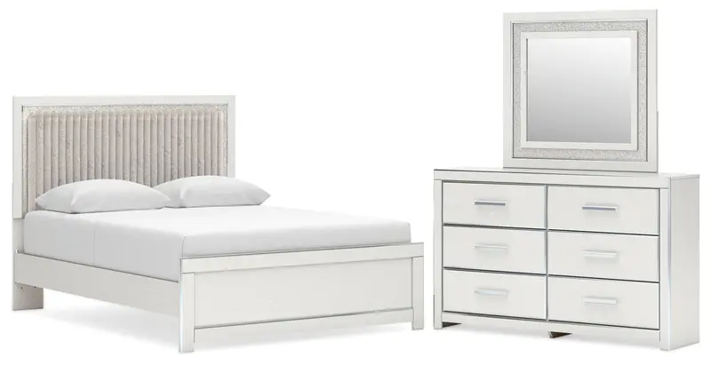Zuraleus White Queen Upholstered Panel Bed With Mirrored Dresser 1