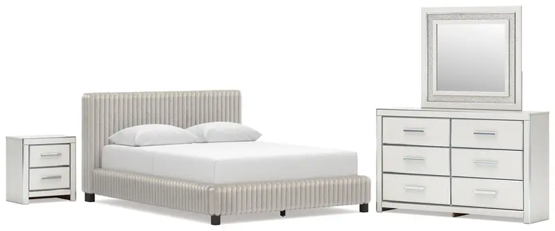 Zuraleus White Queen Upholstered Panel Bed With Mirrored Dresser And Nightstand 1