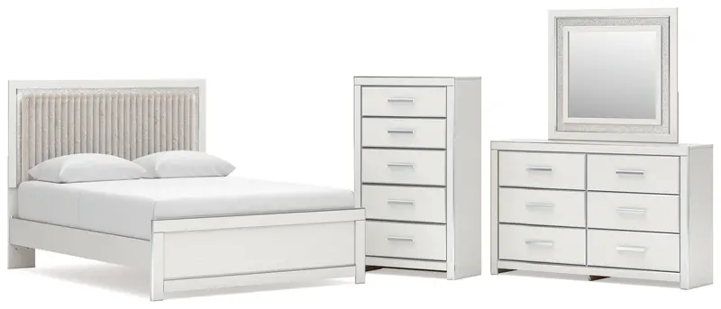 Zuraleus White Queen Upholstered Panel Bed With Mirrored Dresser & Chest 1