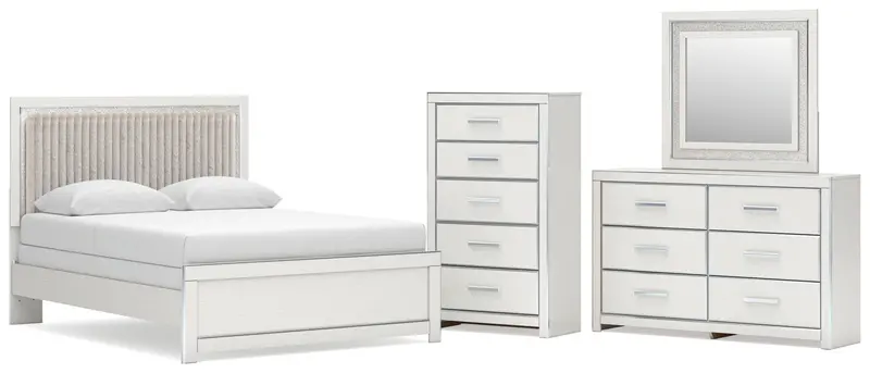 Zuraleus White Queen Upholstered Panel Bed With Mirrored Dresser & Chest 1