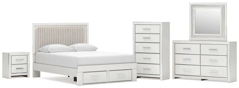 Zuraleus White Queen Upholstered Storage Bed With Mirrored Dresser, Chest, And Nightstand 1