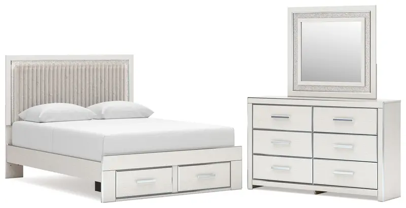Zuraleus White Queen Upholstered Storage Panel Bed With Mirrored Dresser 1