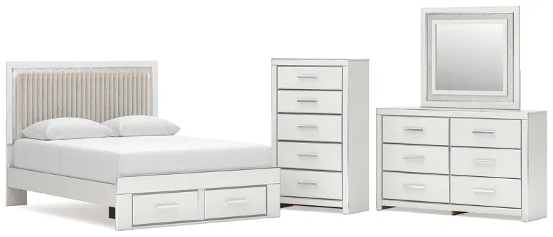 Zuraleus White Queen Upholstered Storage Panel Bed With Mirrored Dresser And Chest 1